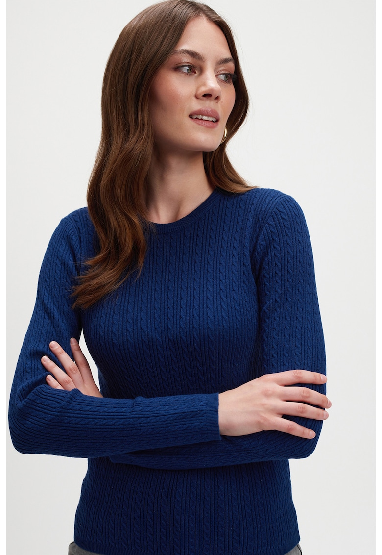 Pulover slim fit cu torsade - Albastru indigo