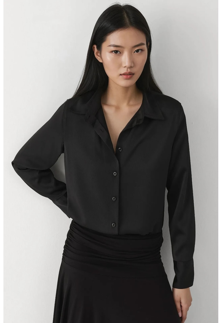 Camasa dama - camasa satin cu maneca lunga - negru - textil