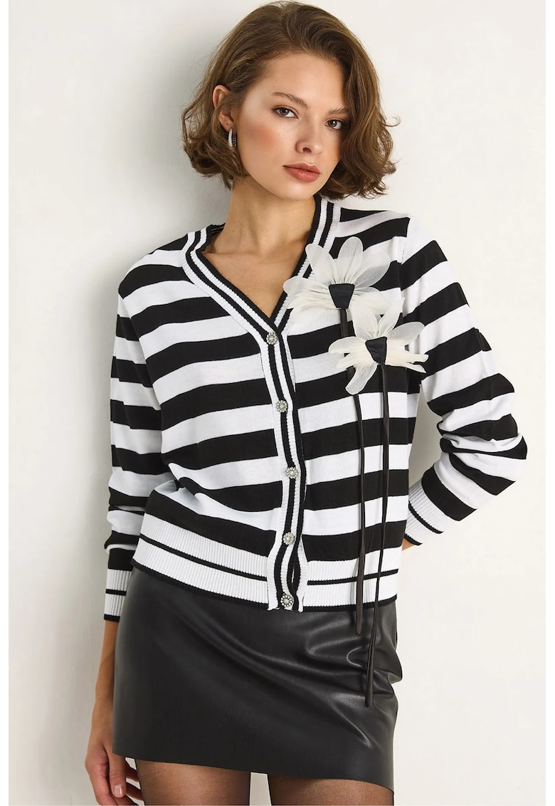 Pulover dama - cardigan - detalii florale - negru - tricot -