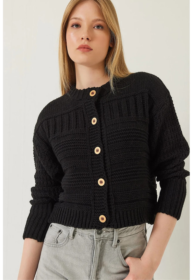 Cardigan - cu nasturi - decolteu rotund - tricot - Negru -