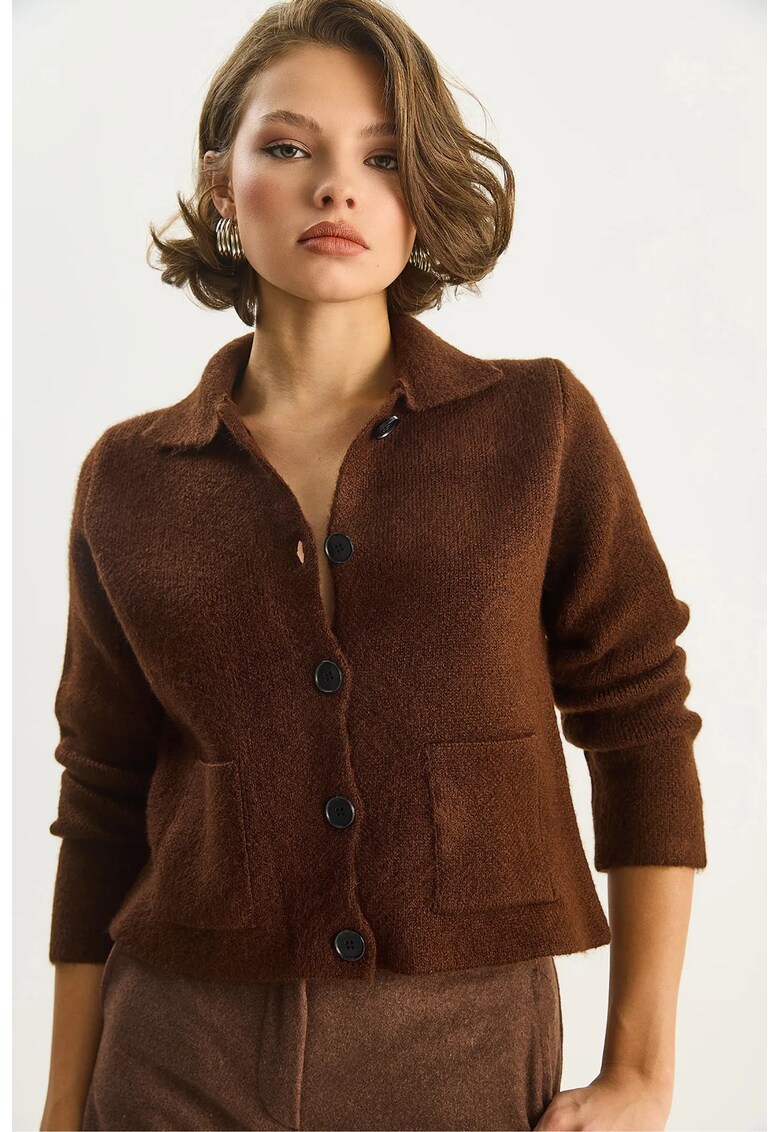 Pulover dama - cardigan tricotat - buzunare - tricot - Maro Mocha Inchis -