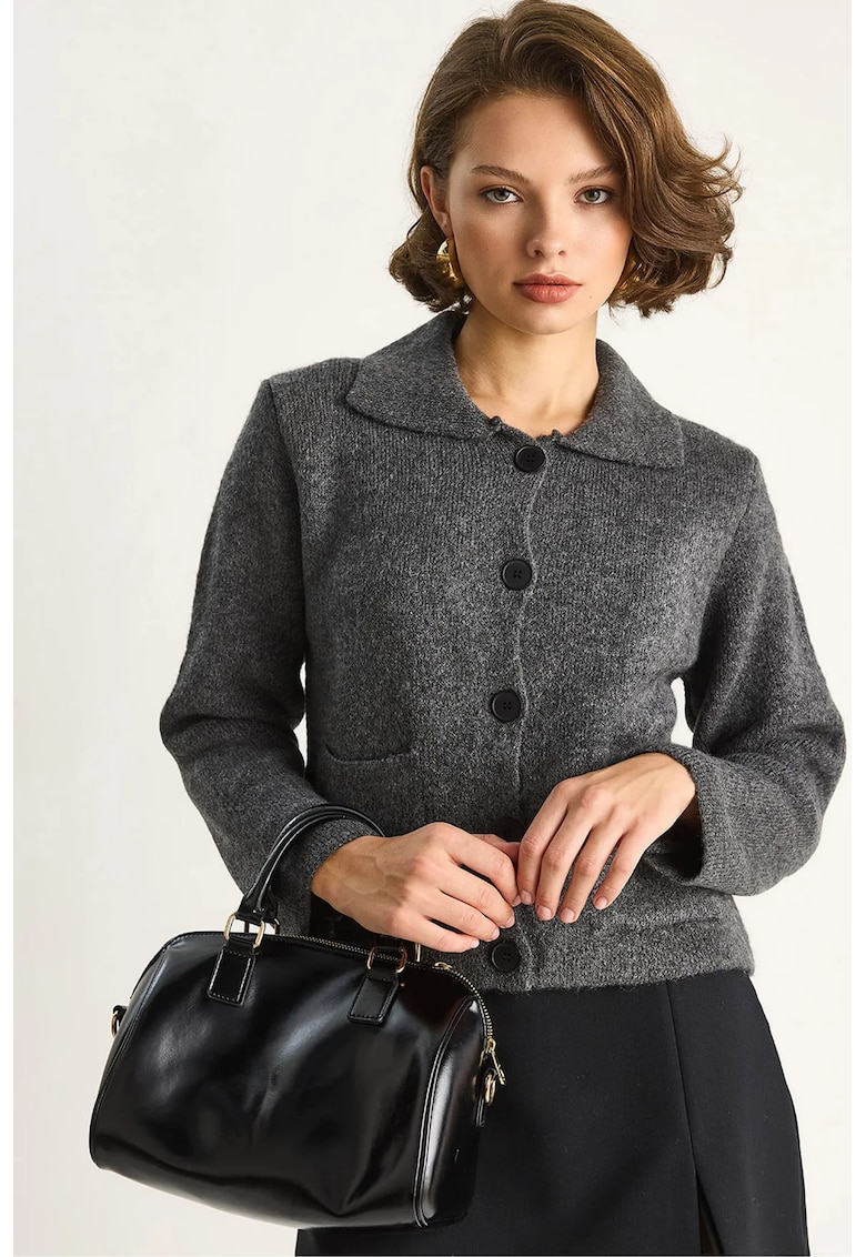 Pulover dama - cardigan tricotat - cu buzunare - Gri carbune -