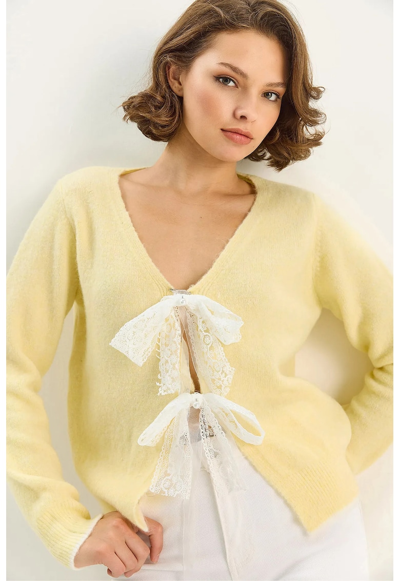 Cardigan - tricotat - material tricot - Galben lamaie -