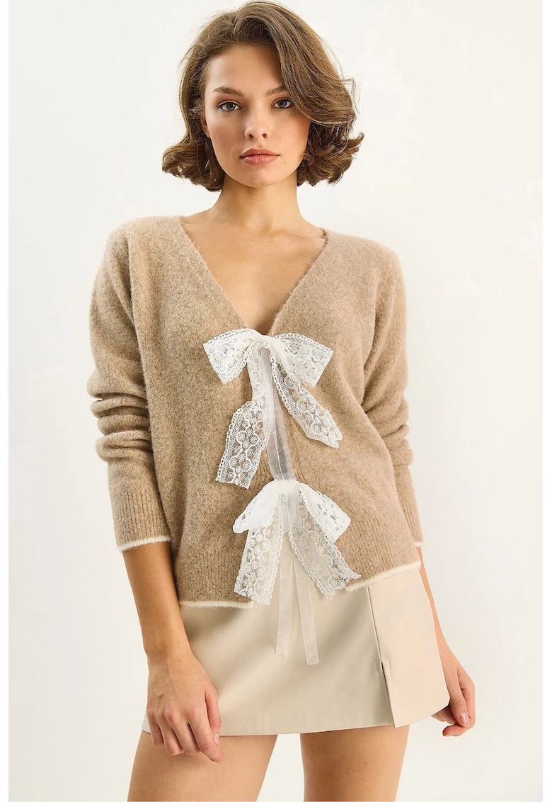 Cardigan - tricotat - decolteu in V - Bej Natural -