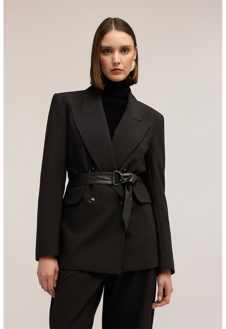 Sacou cu o curea si doua randuri de nasturi - Negru