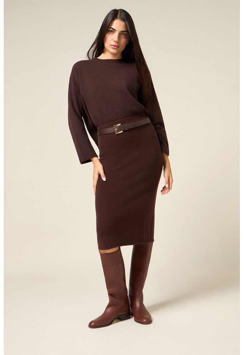 Fusta midi din lana cu slit pe partea din spate - Maro inchis