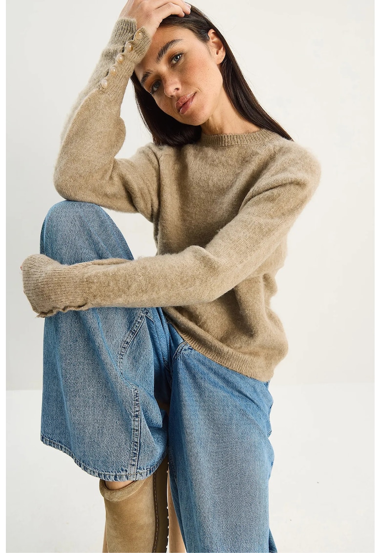 Pulover dama tricot - detalii mansete cu nasturi - Bej Natural -