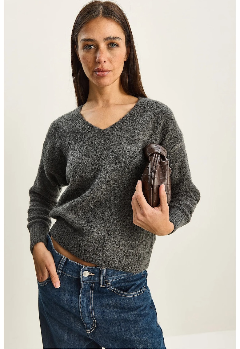 Pulover dama - tricotat texturat - decolteu in V - Gri carbune -