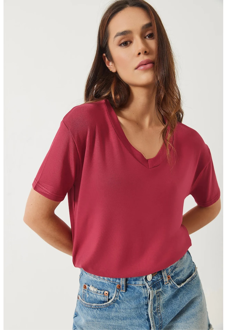 Tricou dama - HiCCUP - maneca scurta - decolteu in V - rosu ciresiu - jerseu