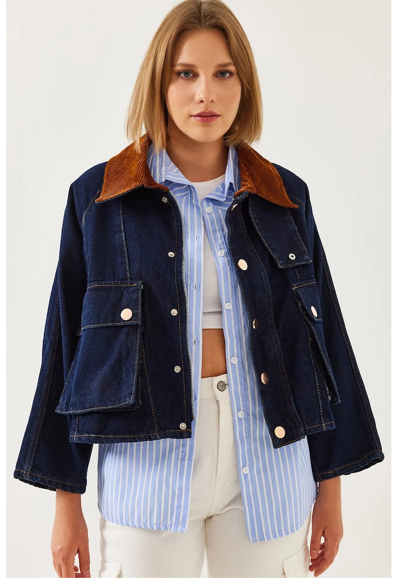 Geaca denim model LUCCI - guler de catifea - Oxford Blue