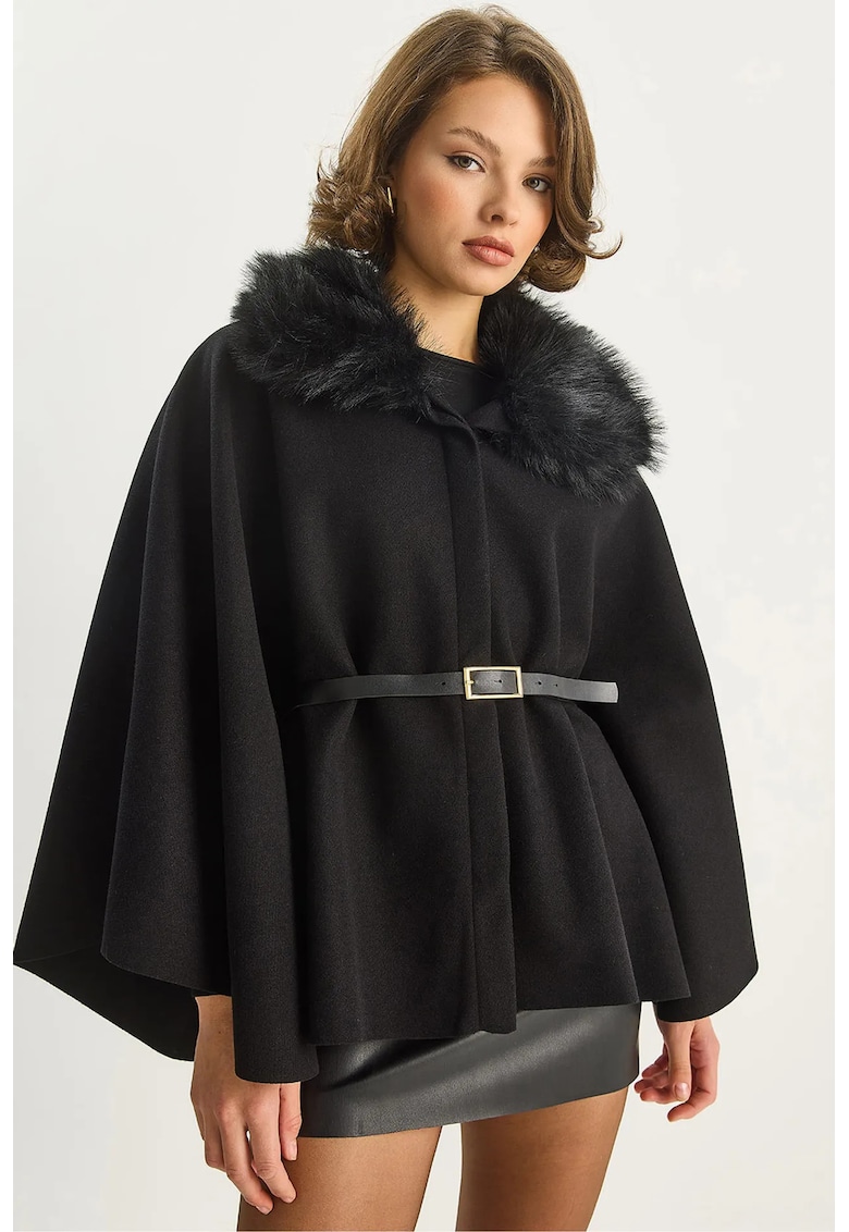 Palton dama din amestec de lana - guler din blana artificiala - textil - Negru -