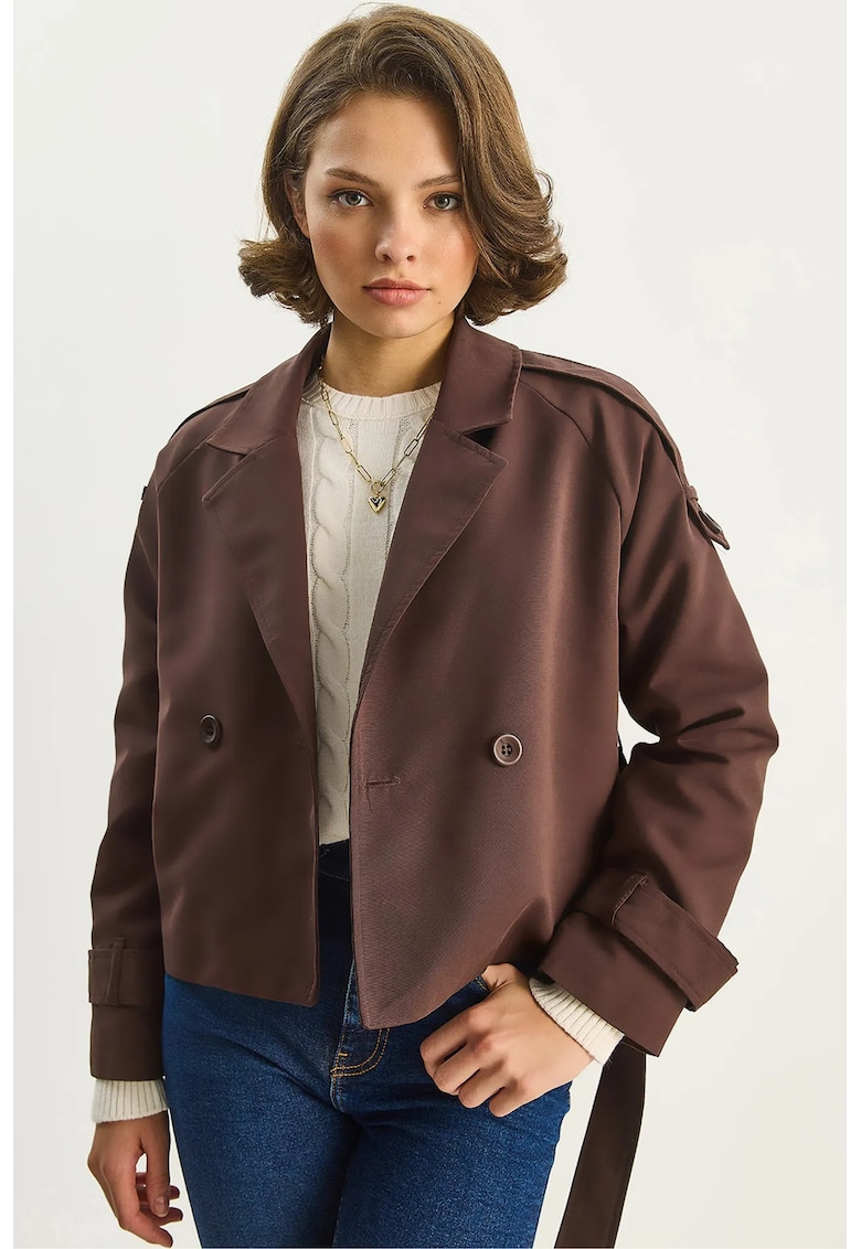 Palton dama - trenci supradimensionat - inchidere cu cordon - maro mocha inchis - textil -