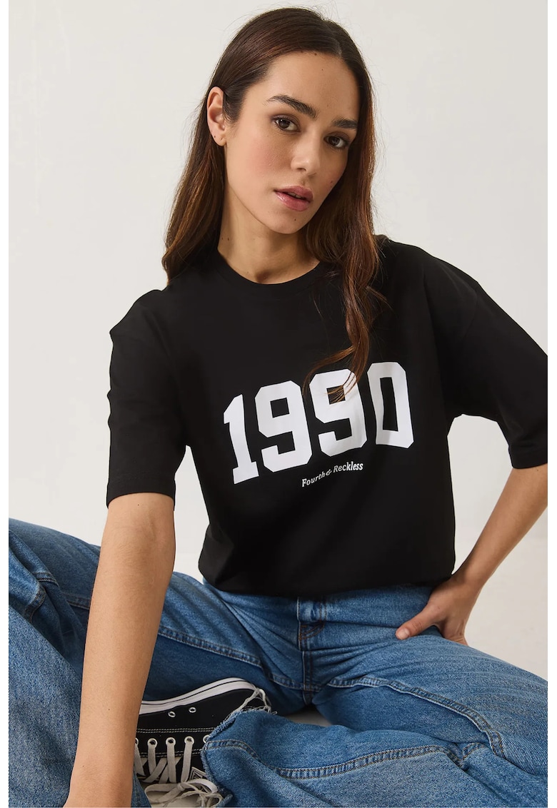 Tricou dama - Tricou Oversized cu guler rotund - jerseu - Negru -