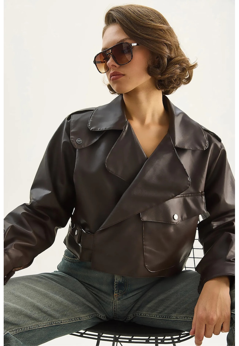Geaca de piele artificiala scurta supradimensionata - maro mocha inchis - textil