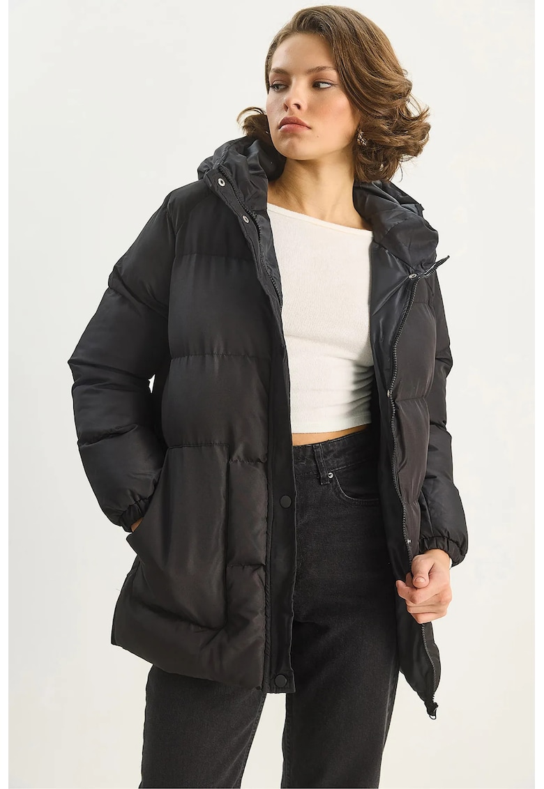 Geaca matlasata cu gluga - buzunare - neagra - textil