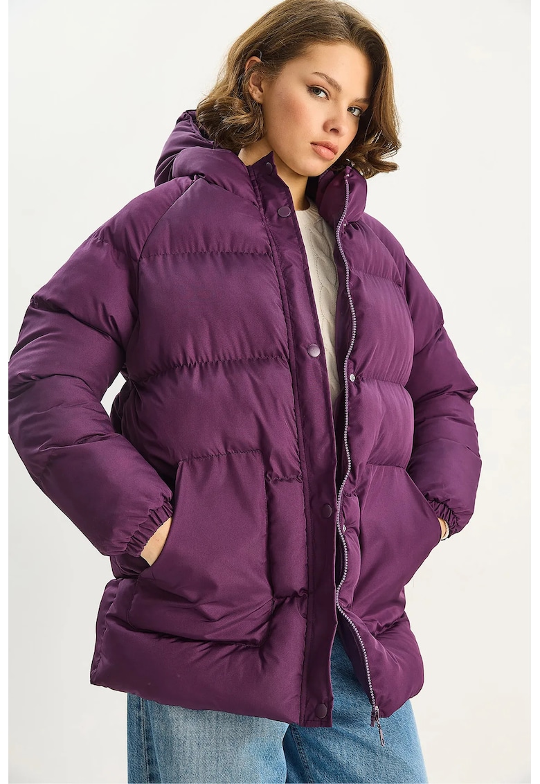 Geaca matlasata midi - cu gluga - mov ametist - textil