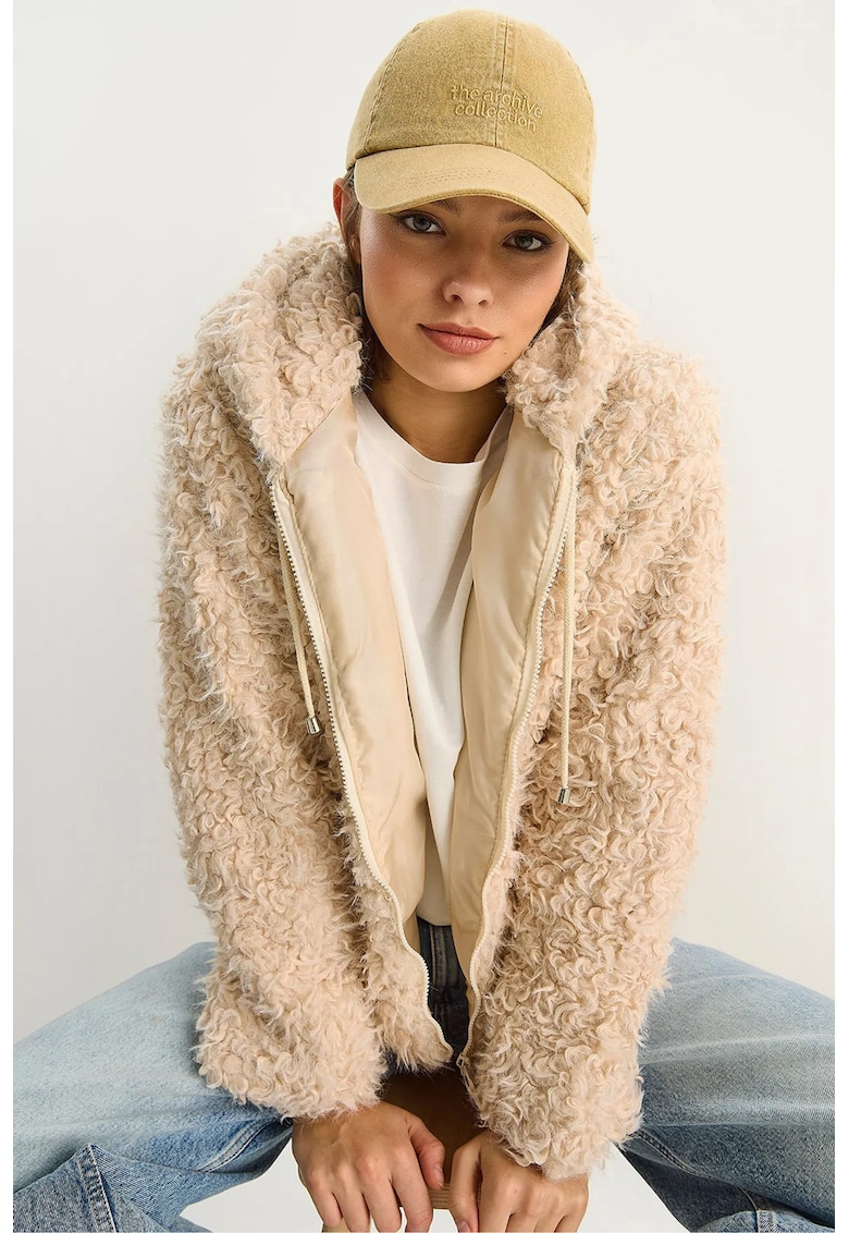 Palton dama HiCCUP - plusat cu gluga - crem natural - textil