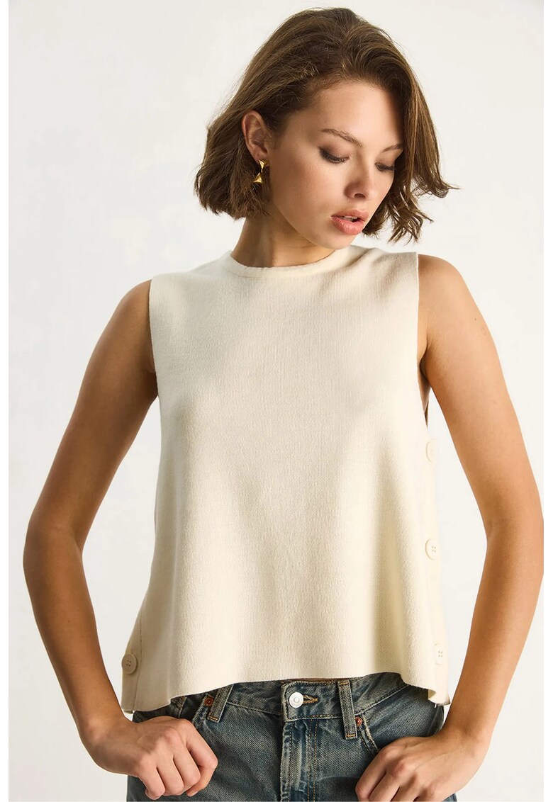 Bluza dama - bluza tricotata cu detalii nasturi - ivoriu jerseu - Fildes Natural -