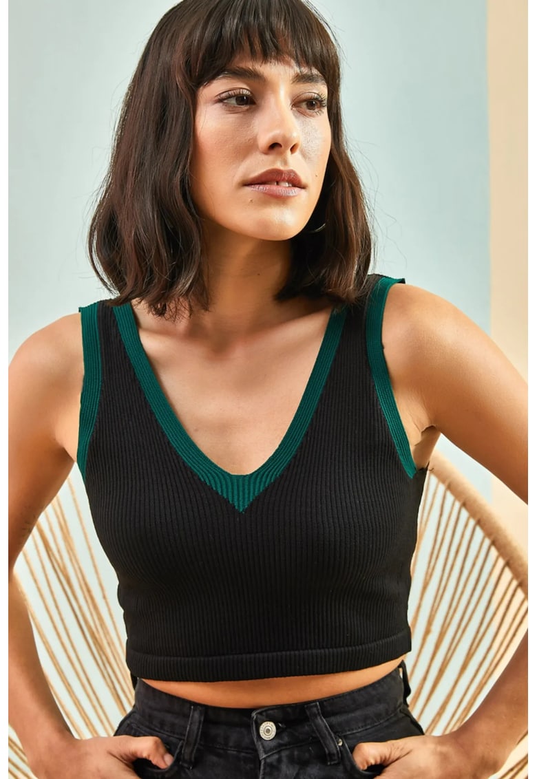 Maiou scurt - decolteu in V - dungi - negru - tricot -