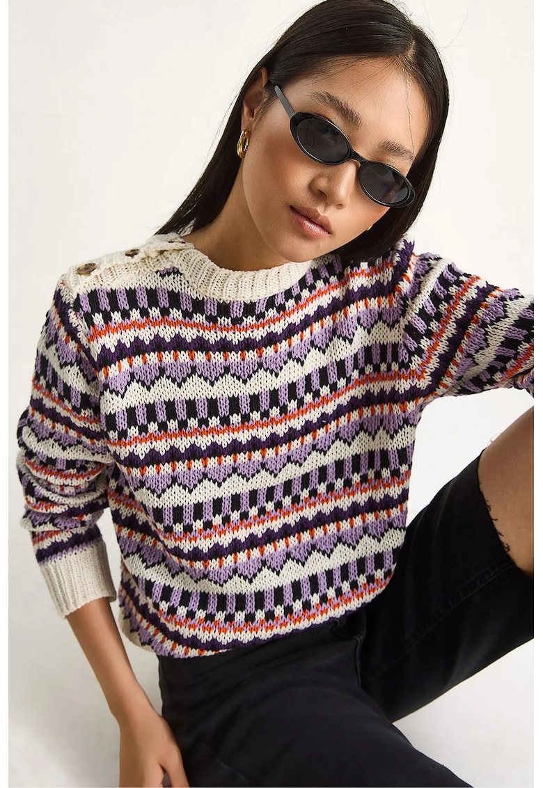 Pulover dama - pulover tricotat cu model etnic - tricot - Fildes Natural -