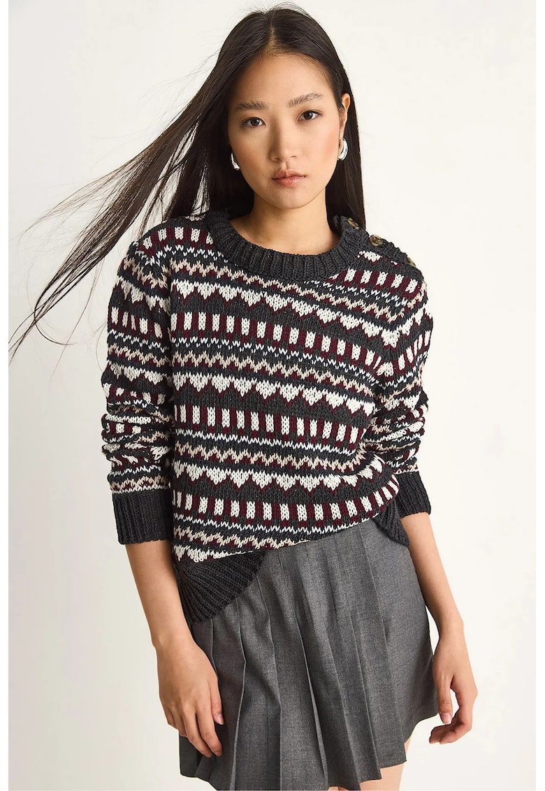 Pulover dama - Pulover tricotat cu model etnic - Tricot - Gri carbune -