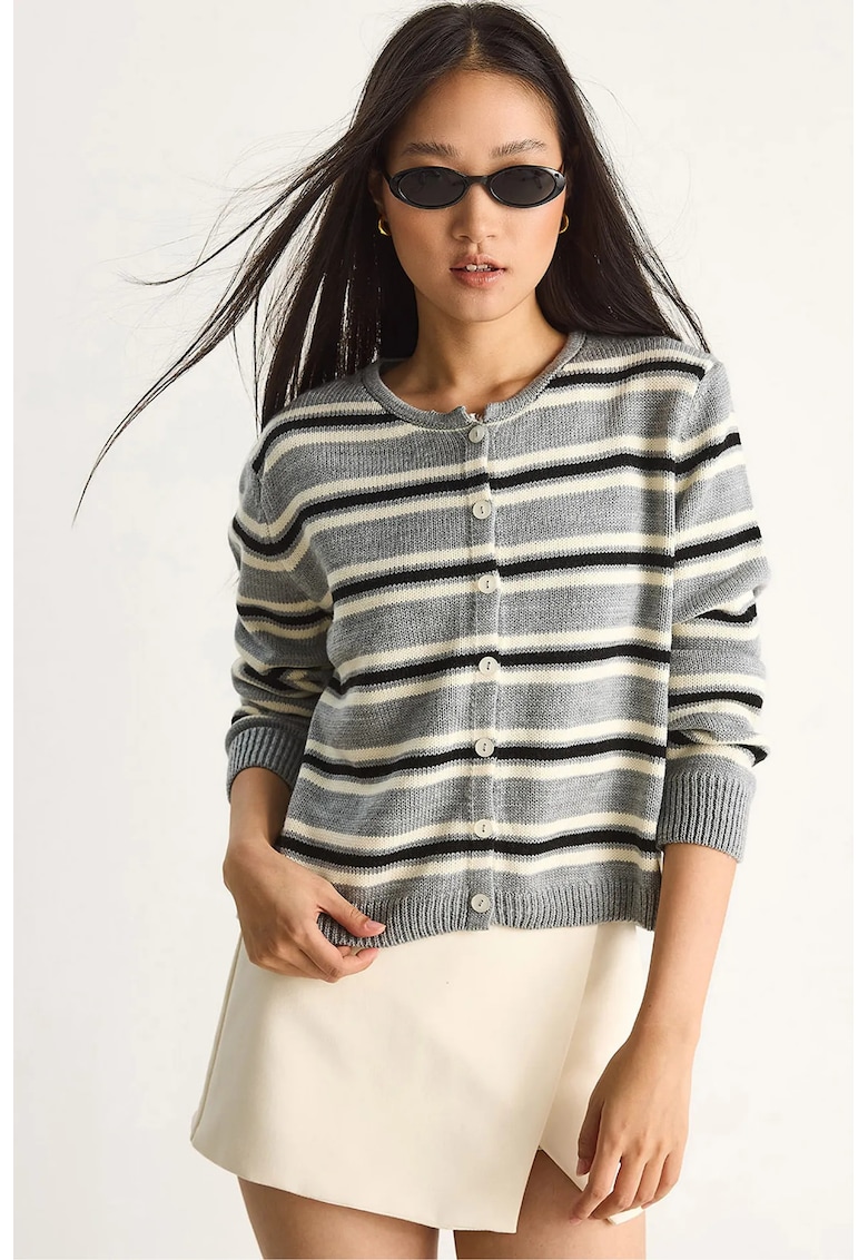 Pulover dama - cardigan cu dungi la gat - tricot - Gri -