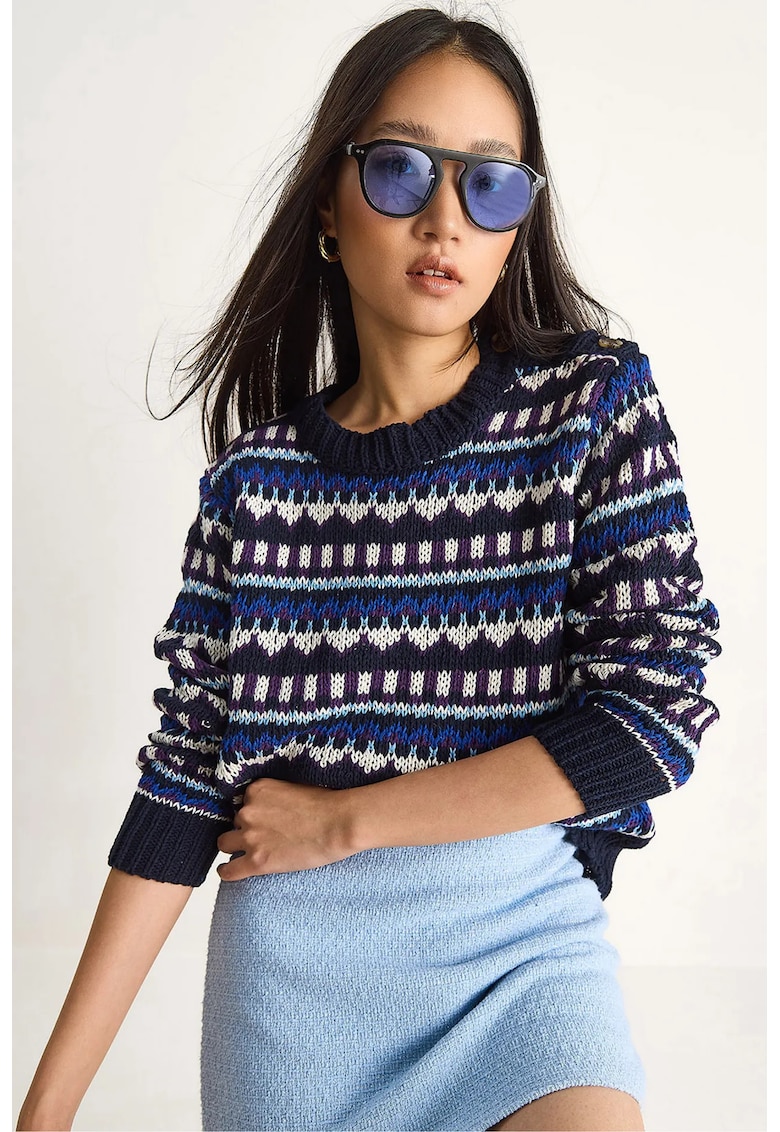 Pulover dama - tricotat - model etnic - Albastru marin -