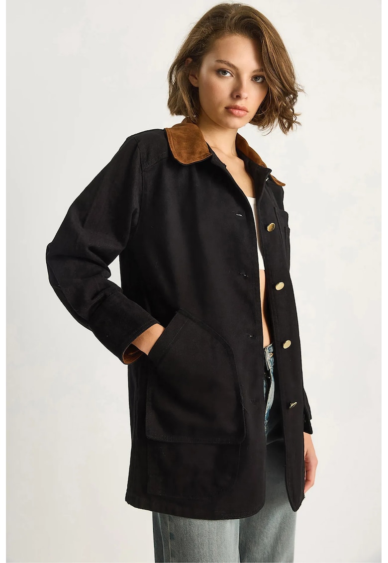Geaca gabardina cu guler din imitatie de piele intoarsa - Negru