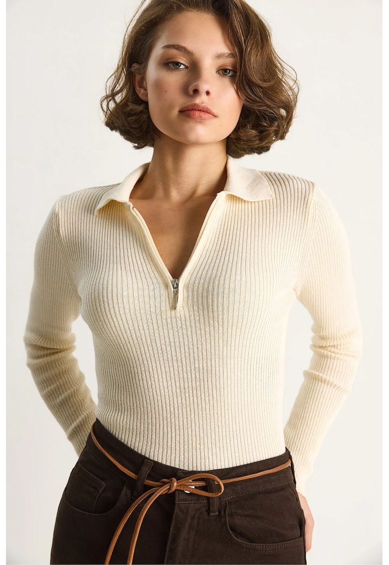 Pulover dama - Pulover cu guler cu fermoar - tricot - Fildes Natural -