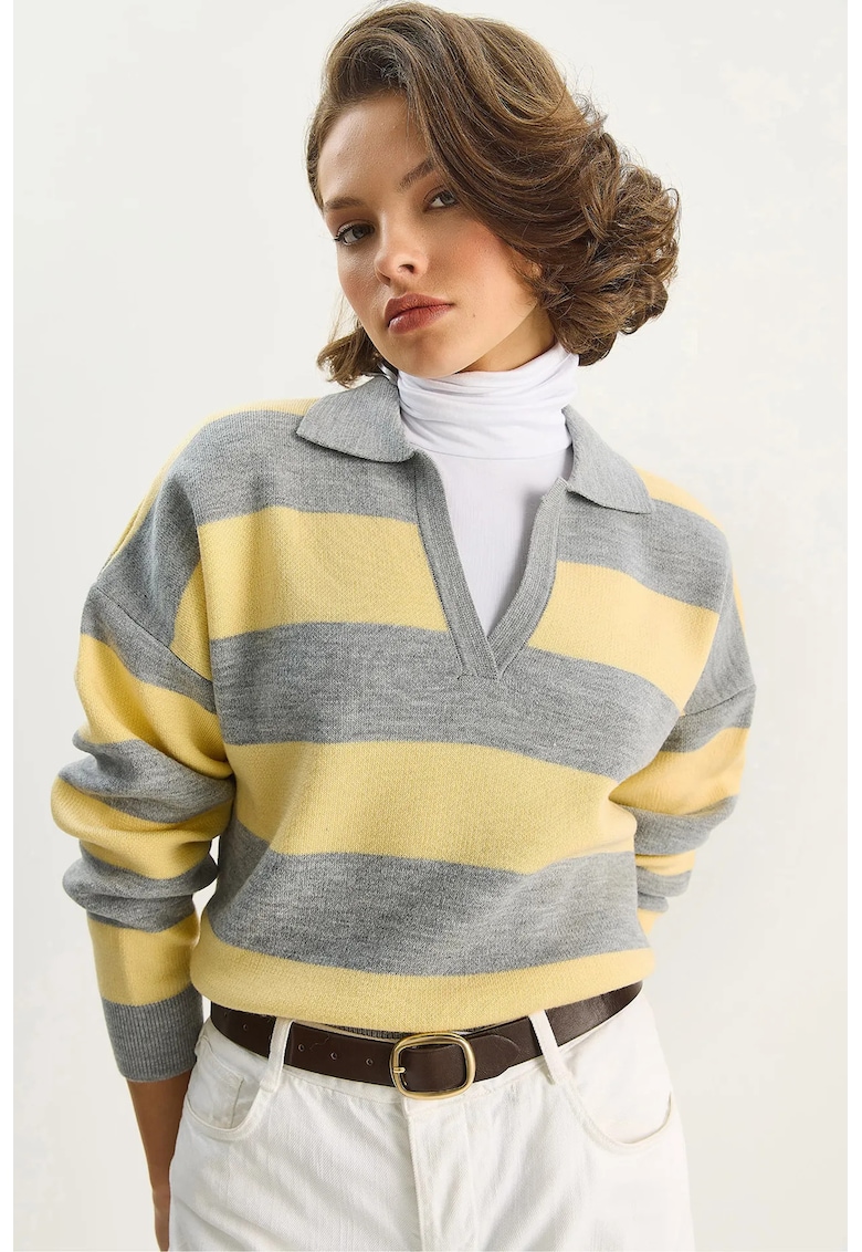 Pulover dama tricotat - dungi - material tricot - Galben -