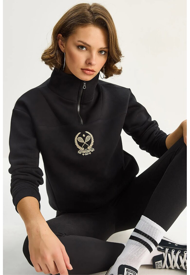 Hanorac dama - guler cu fermoar brodat - negru - textil