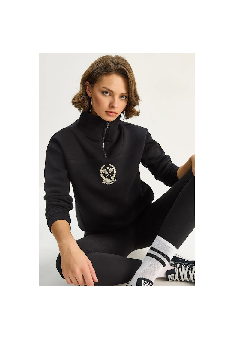 Bluza sport dama - broderie - guler cu fermoar - negru - textil -