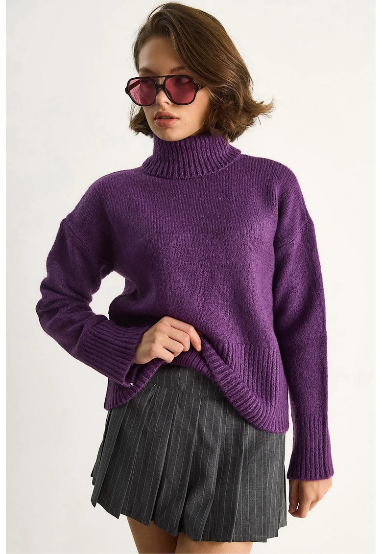 Pulover dama supradimensionat - guler inalt - tricot - Ametist violet -