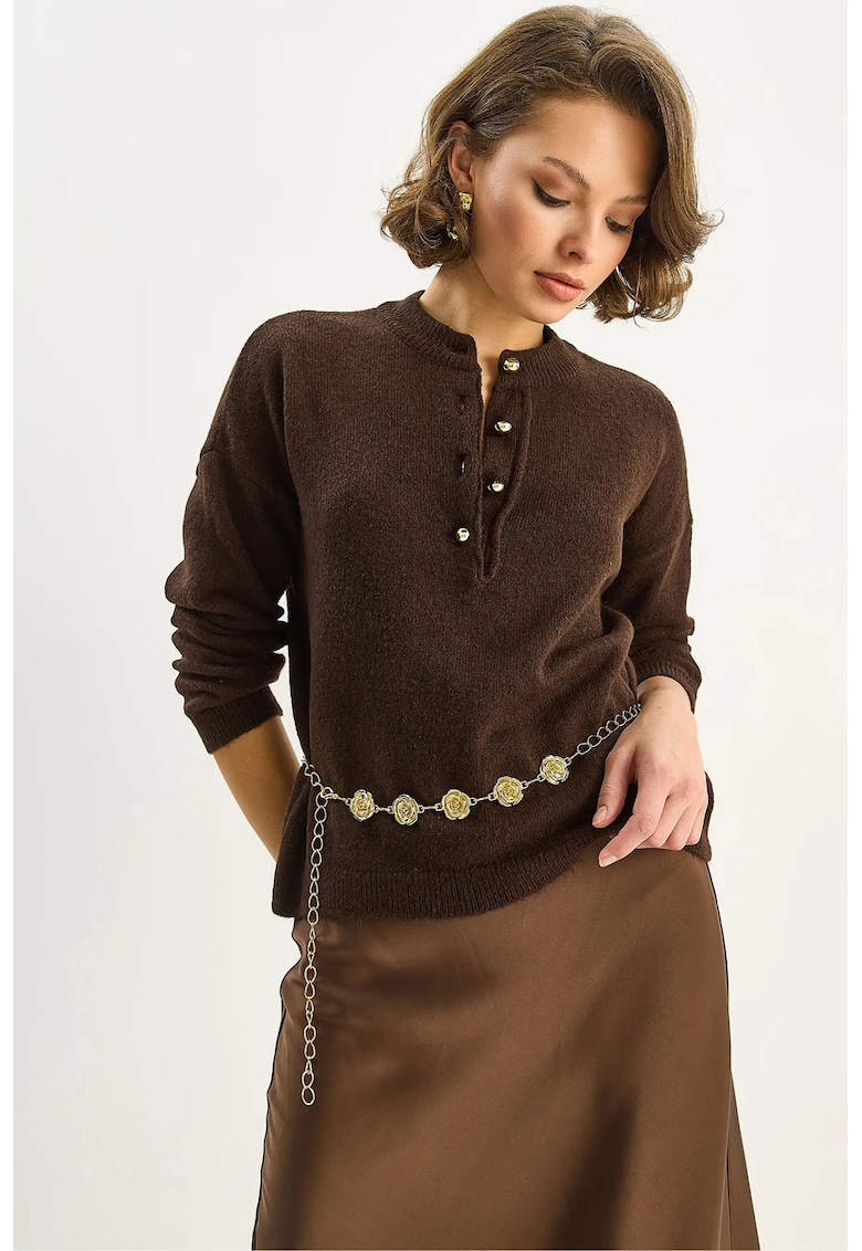 Pulover dama - Pulover tricotat cu guler cu nasturi - tricot - Maro Mocha Inchis -