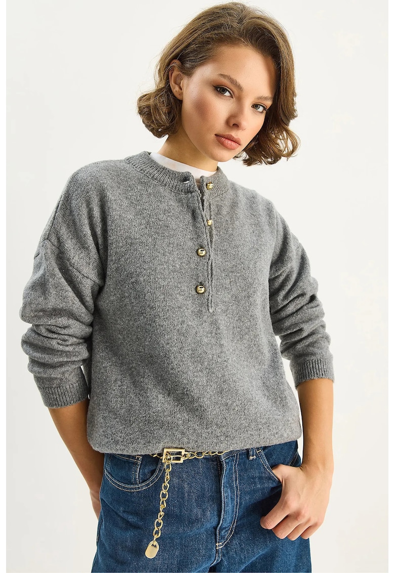 Pulover dama - Pulover tricotat cu guler cu nasturi - tricot - Gri -