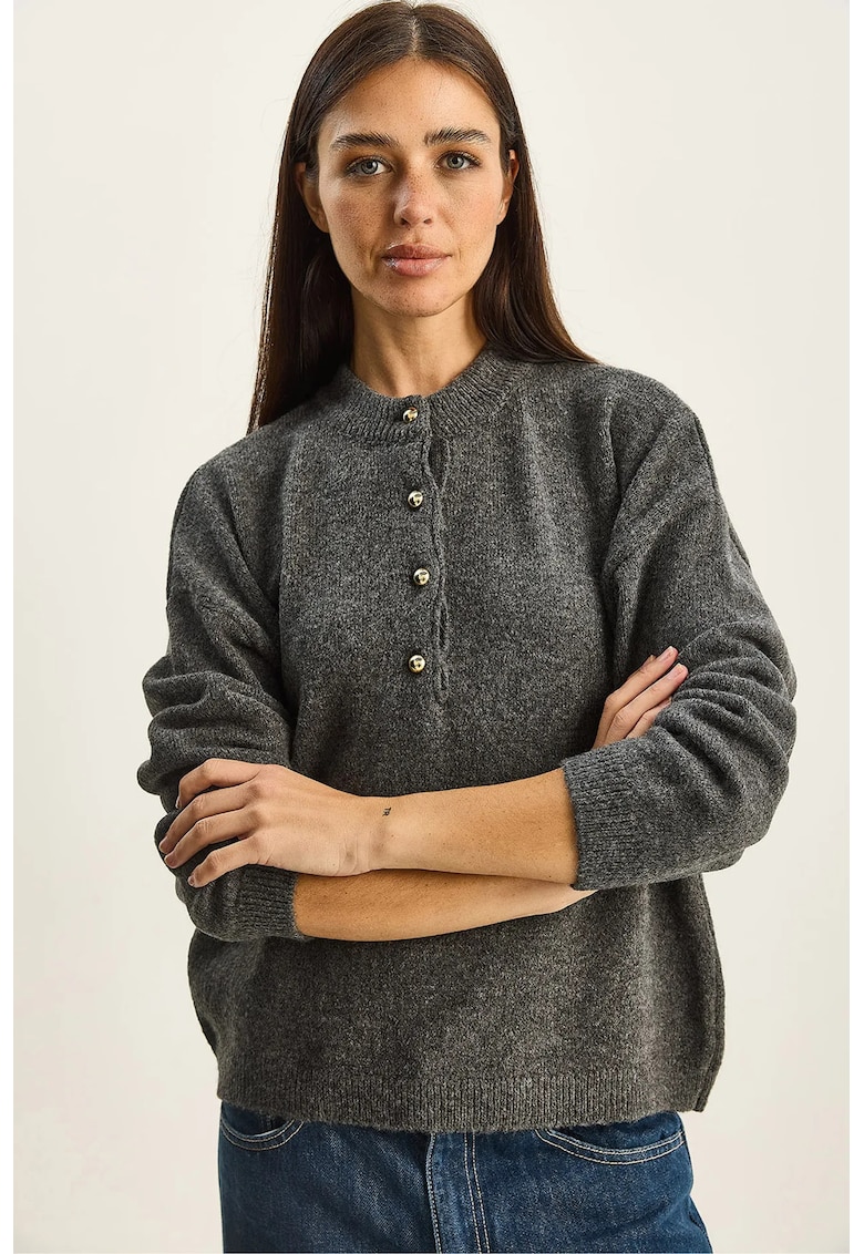 Pulover dama - Pulover tricotat - guler cu nasturi - tricot - Gri carbune -