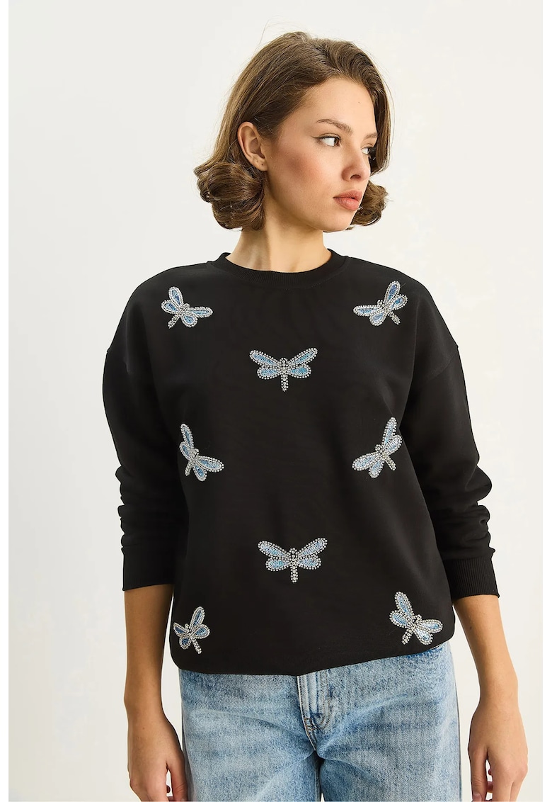 Hanorac dama - bluza cu broderie fluture - negru - textil -