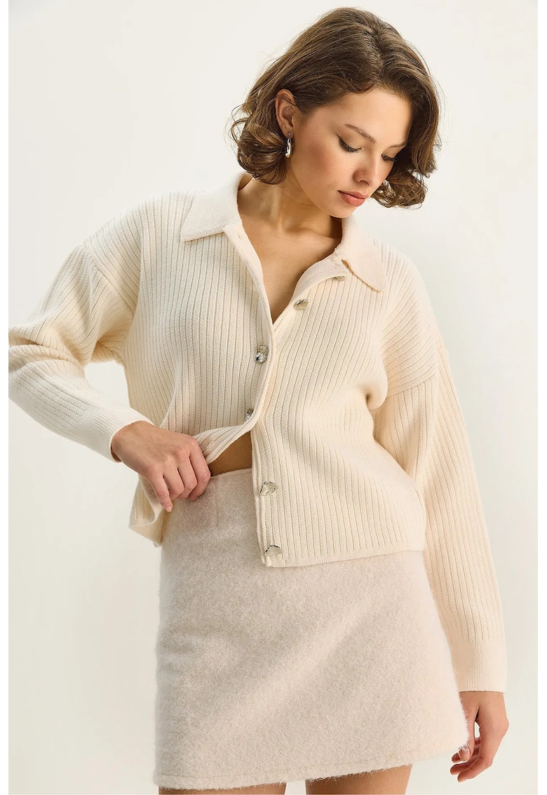 Cardigan tricotat cu inchidere nasturi - pentru femei - Crema naturala -