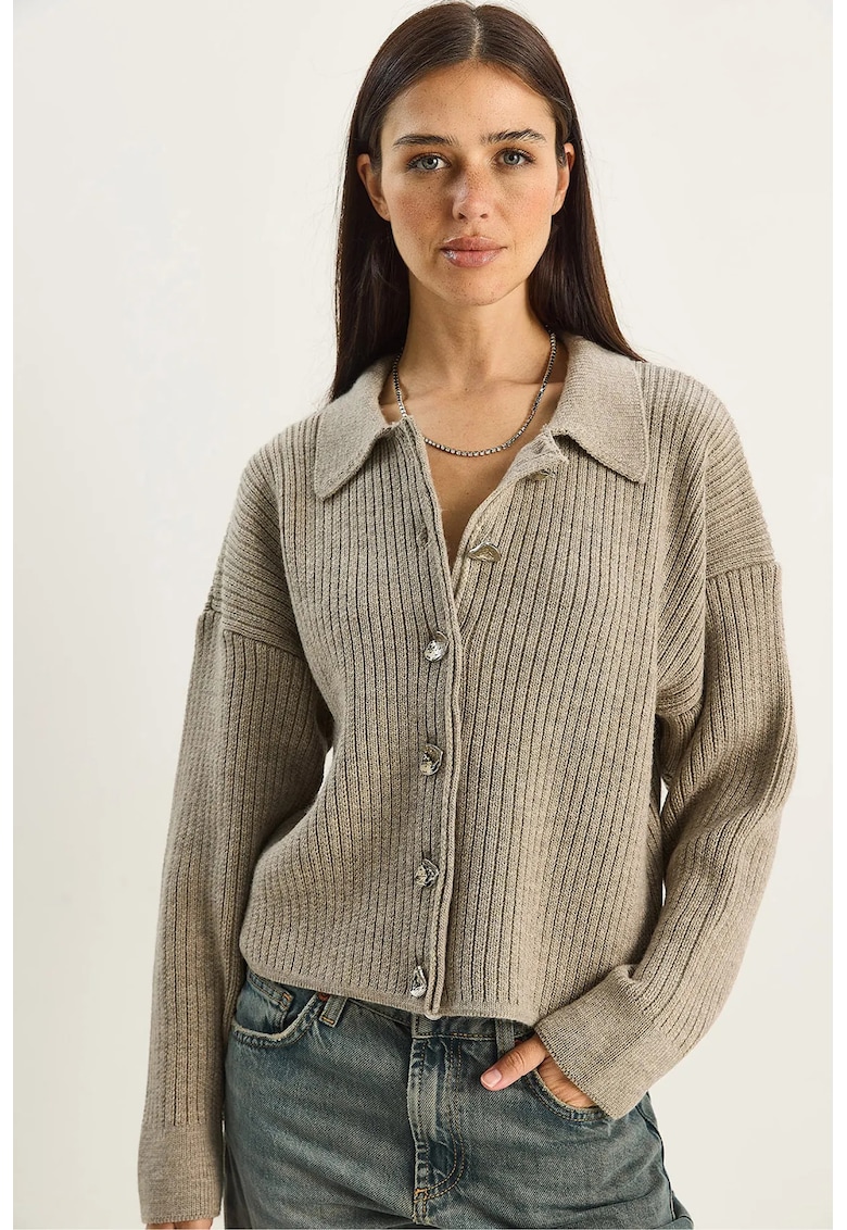 Pulover dama - cardigan tricotat - tricot - cu inchidere cu nasturi - Bej Natural -