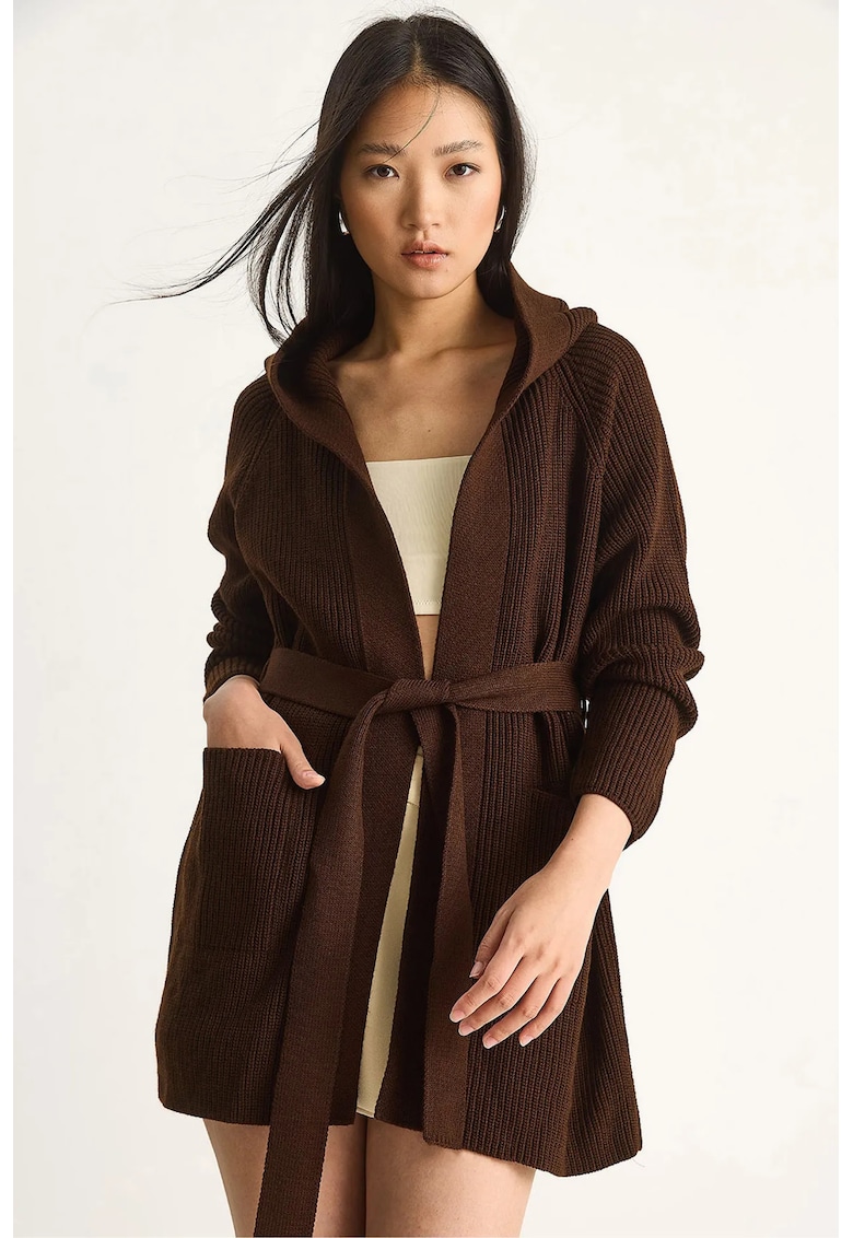Cardigan dama - cu gluga si inchidere cu snur - tricot - Mocha Brown -