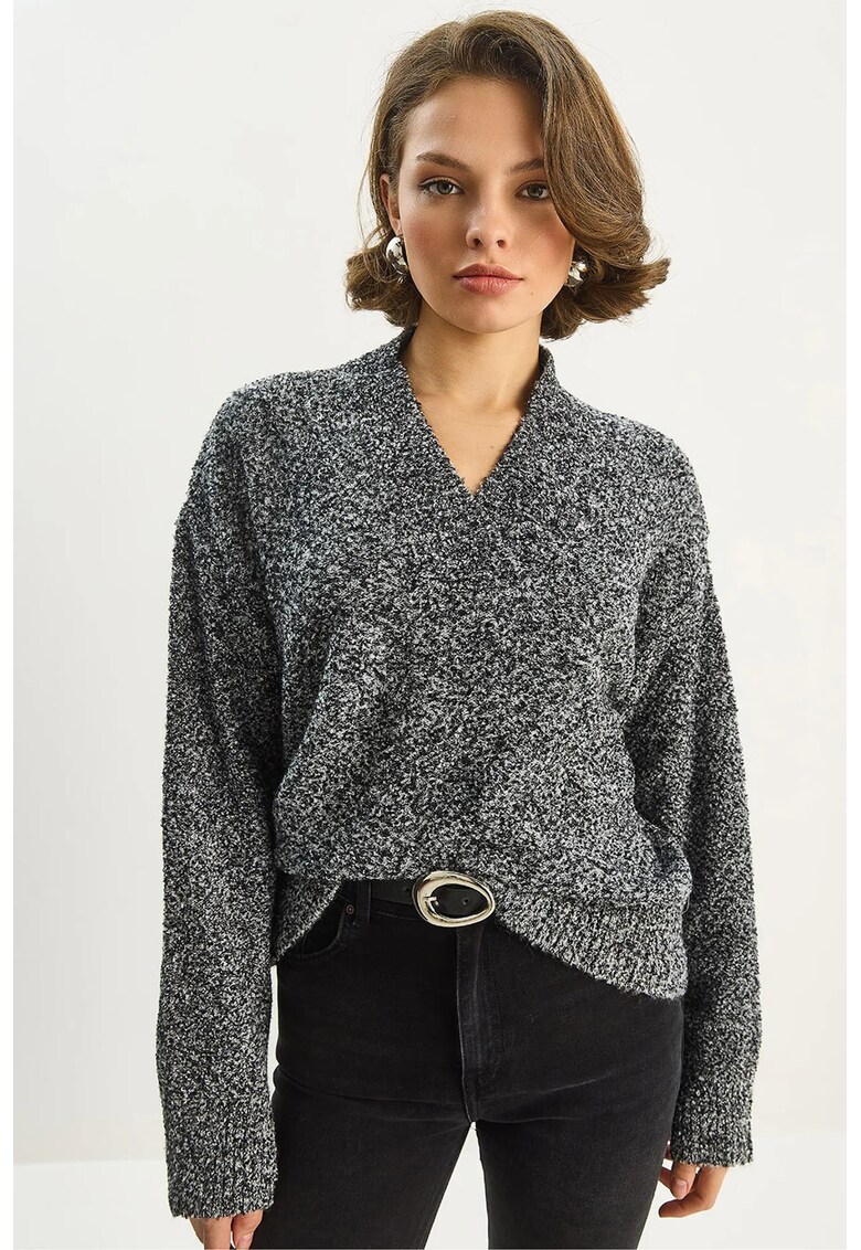 Pulover dama - Pulover tricotat cu maneca lunga - decolteu in V - Tricot - Negru -