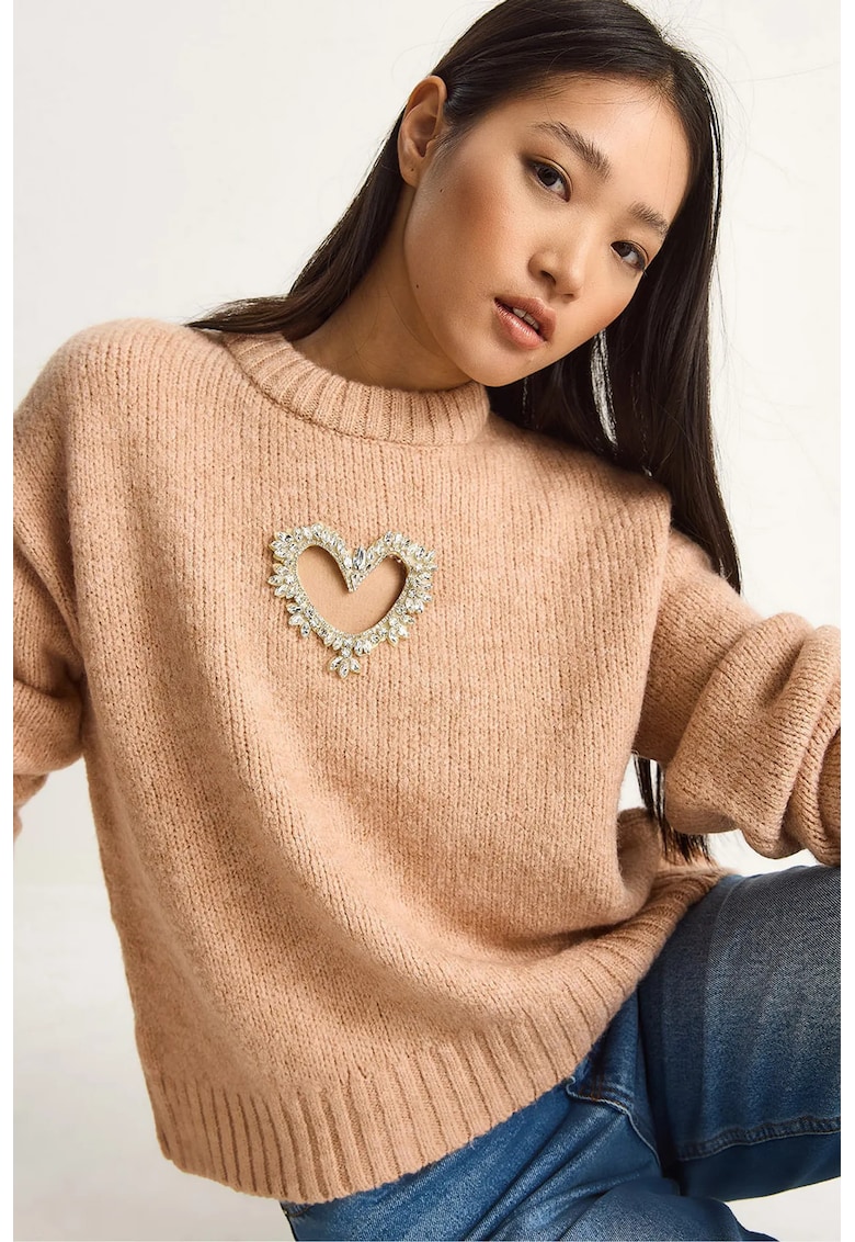 Pulover dama - supradimensionat - detalii inima - tricot - Roz pudrat -