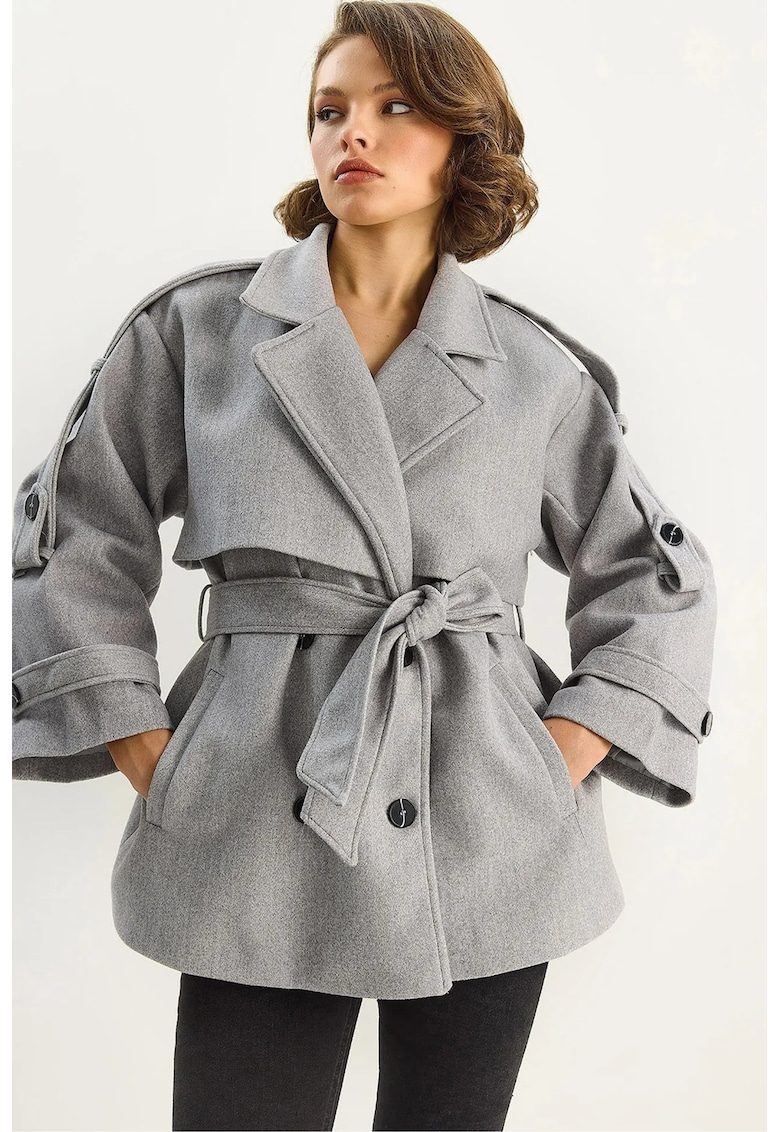 Palton dama - LUCCI - doua randuri de nasturi - cu centura - fleece - Gri -