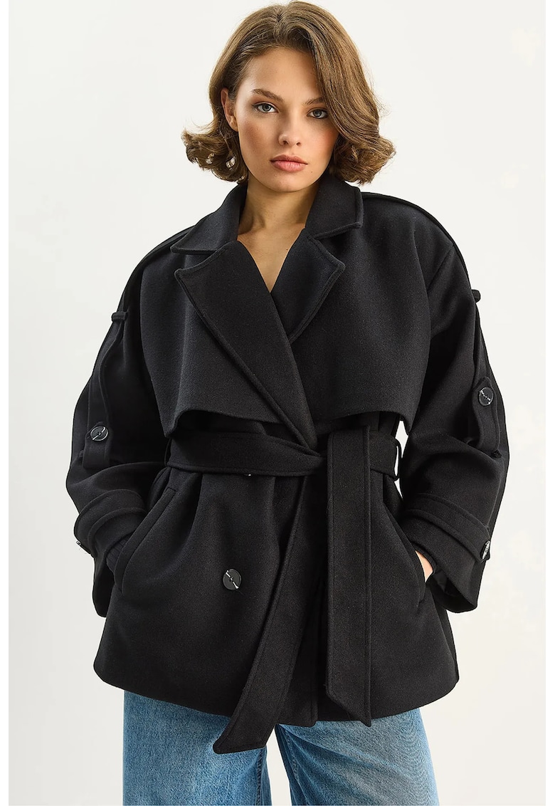 Palton dama - cu doua randuri de nasturi - negru - fleece -