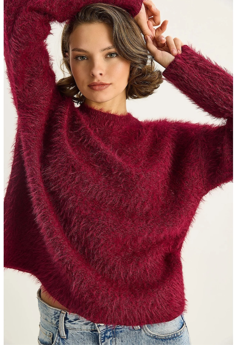 Pulover dama - Pulover tricotat texturat - Tricot - Rosu Burgund -