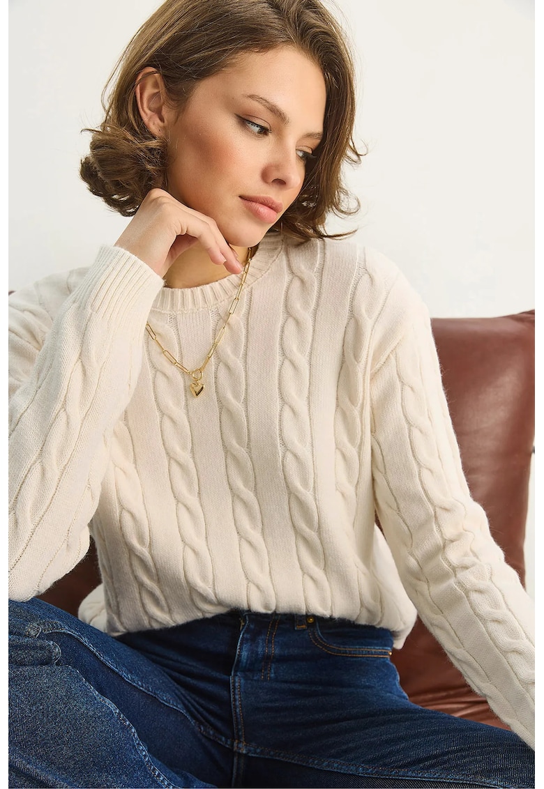 Pulover dama - Pulover cu model impletit - tricot - Crema naturala -