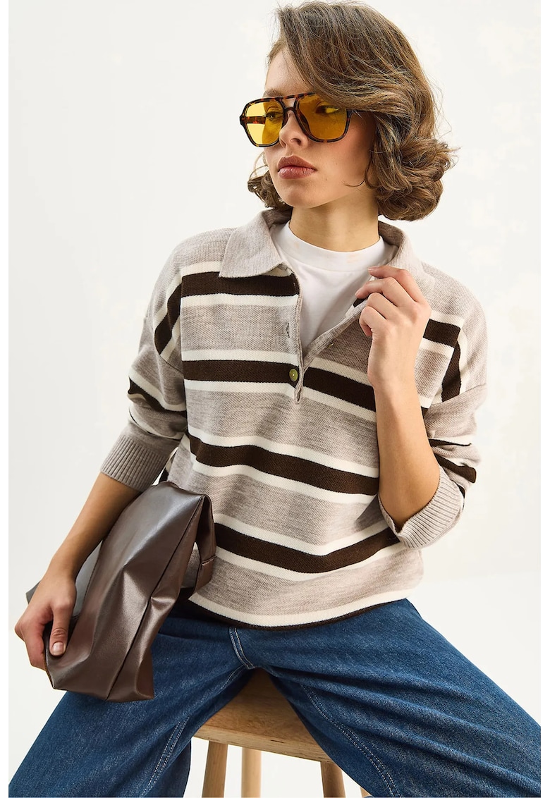 Pulover dama - pulover tricotat cu maneca lunga - guler polo - tricot - natural -