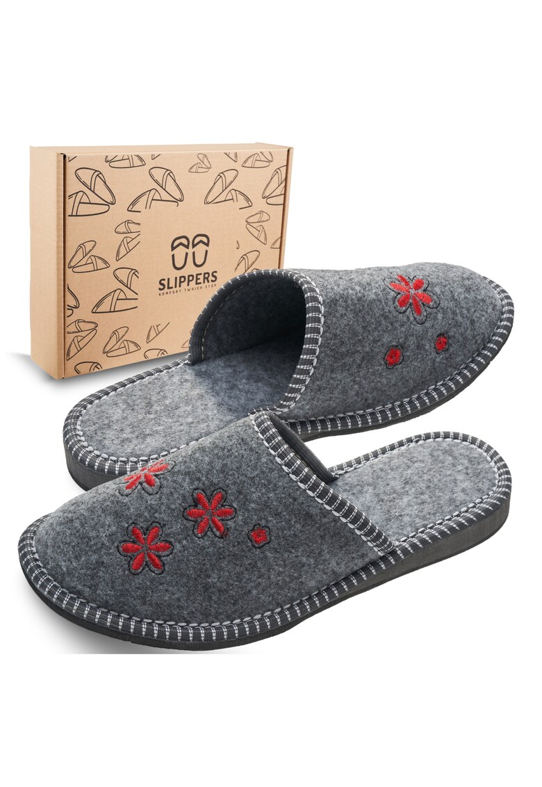 Papuci de casa pentru femei - din fetru gri cu flori - SLIP119 - confortabili - intr-o cutie ecologica - marimea