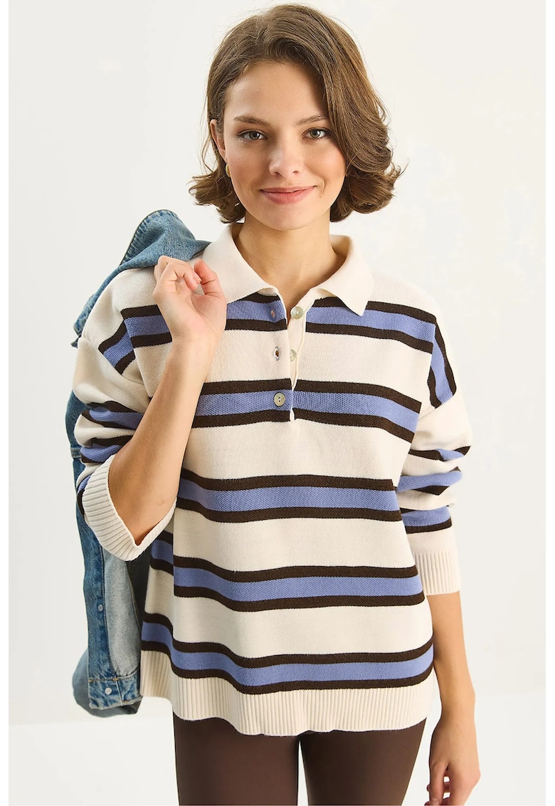 Pulover dama - tricotat cu maneca lunga si guler polo - tricot - Albastru -