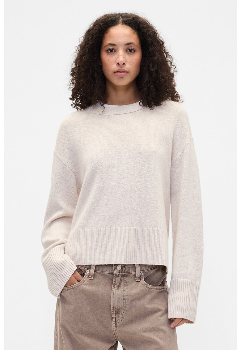 Pulover din amestec de bumbac cu decolteu la baza gatului - Maro nisip